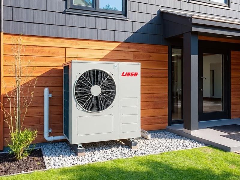 Modern air source heat pump unit outside a home