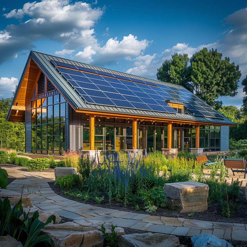 Contemporary building with a full rooftop solar array beside a landscaped garden